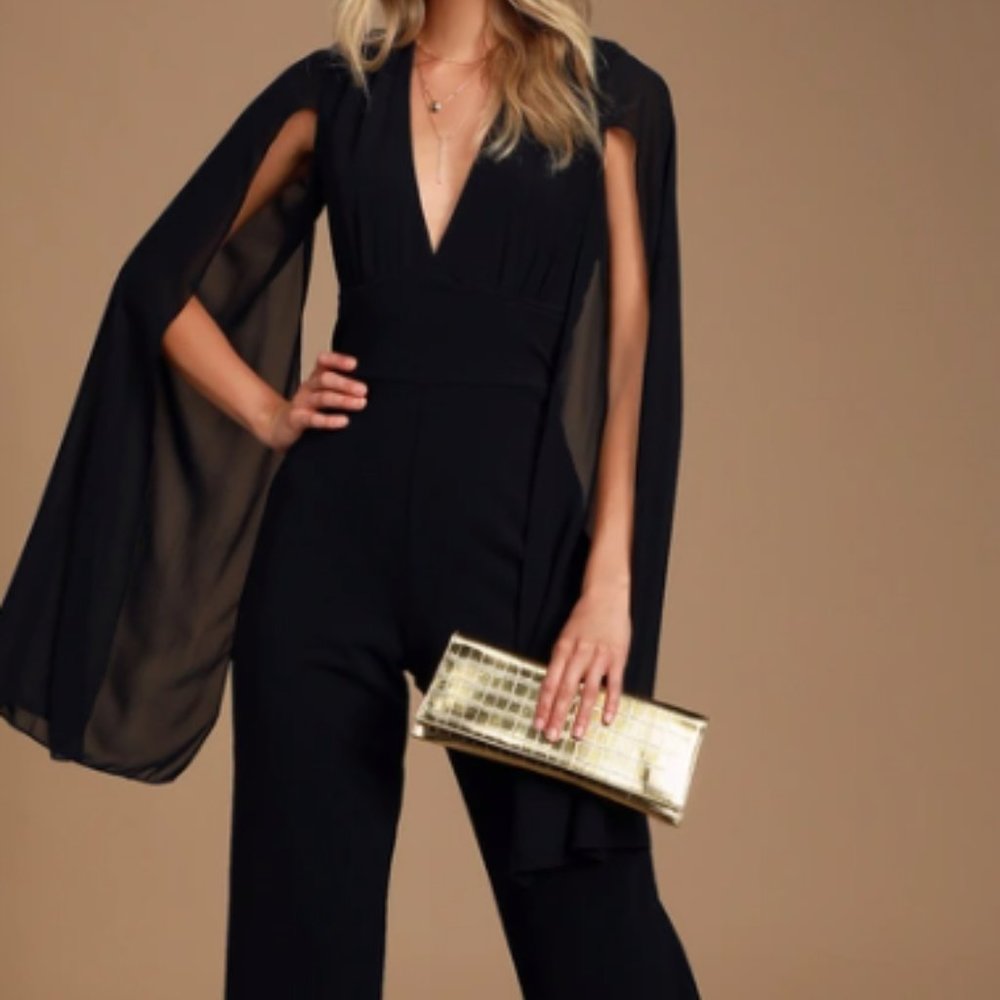 Black Backless Cape Sleeve Jumpsuit